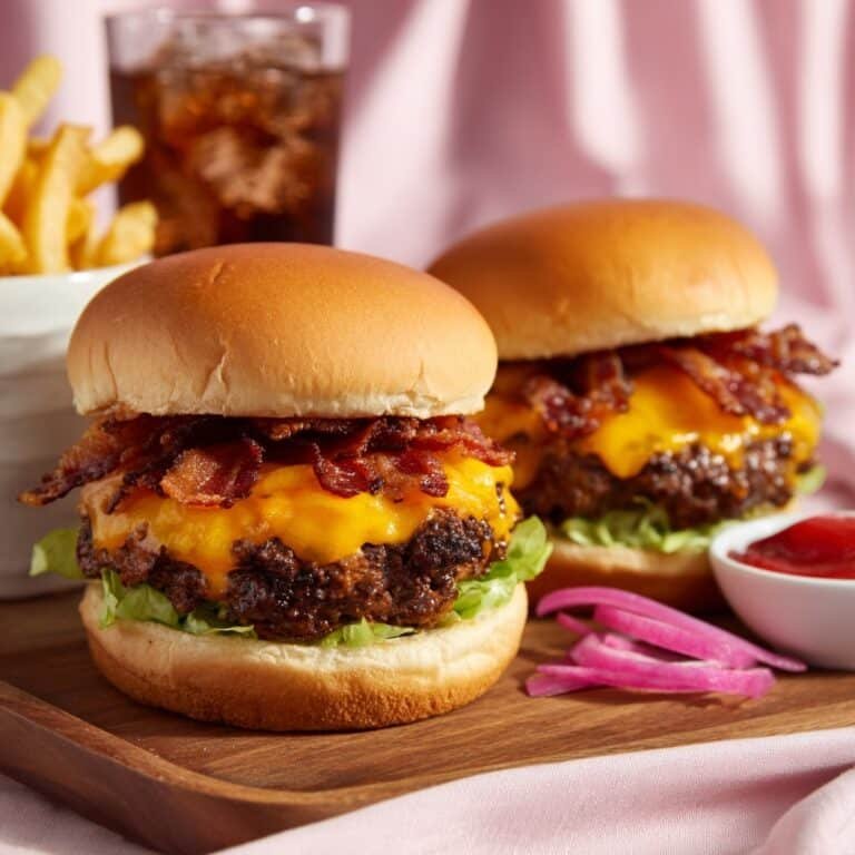 Grilled Cheeseburgers with Crispy Bacon and Pickled Vegetables Recipe