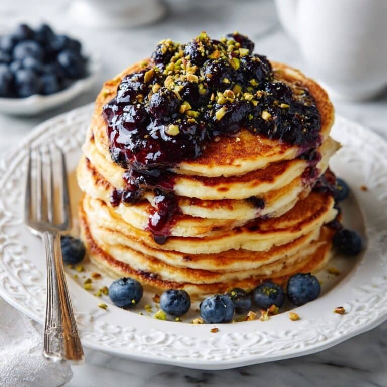 Blueberry Pancakes with Fresh Blueberry Jam and Pistachio Garnish Recipe
