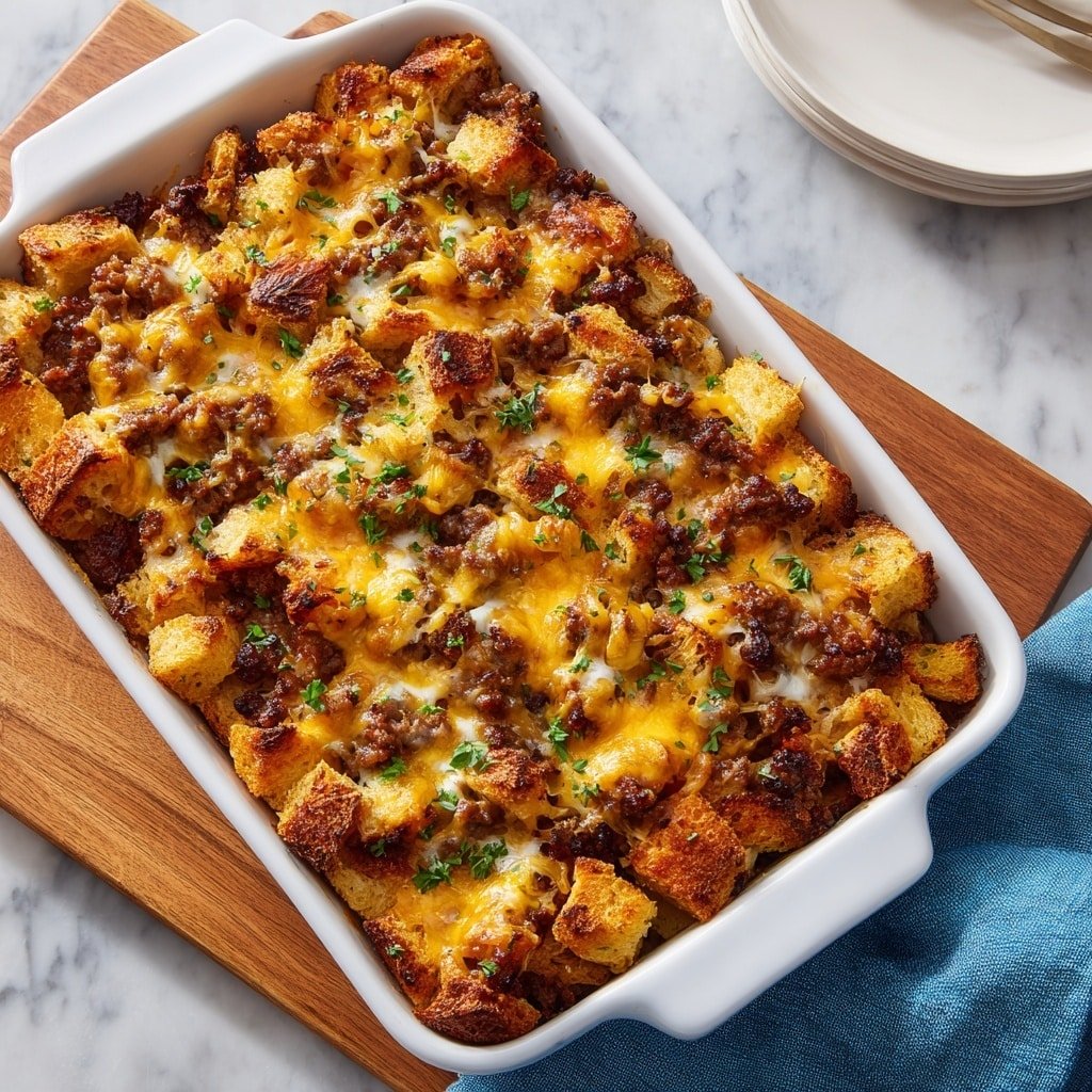 Hearty Breakfast Casserole with Sausage, Cheddar, and Bread Recipe - Recipe Image — Hearty Breakfast Casserole with Sausage, Cheddar, and Bread, breakfast casserole with sausage and cheddar, easy breakfast casserole recipe, savory breakfast bake, weekend breakfast casserole