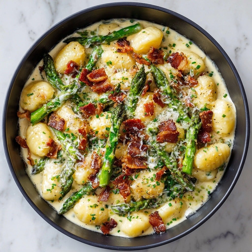 Creamy Asparagus Bacon Gnocchi Recipe - Recipe Image — Creamy Asparagus Bacon Gnocchi, asparagus gnocchi with bacon and cream, easy creamy gnocchi recipes, spring vegetable pasta dishes, indulgent asparagus gnocchi